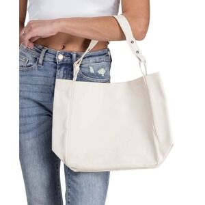 Simple Trendy Cream Vegan Leather Shoulder Bag Rivet Snap Closure Minimalist